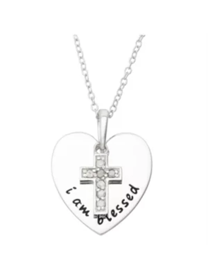 Sterling Silver Diamond Accent Heart and Cross I Am Blessed Pendant 18-Inch Necklace
