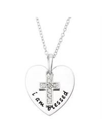 Sterling Silver Diamond Accent Heart and Cross I Am Blessed Pendant 18-Inch Necklace