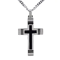 Lab Created Stainless Steel 50mm White Cubic Zirconia Carbon Fiber Reversible Wood Cross Pendant 24-Inch Necklace