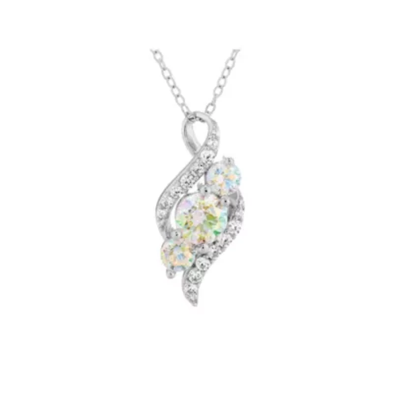 Lab Created Sterling Silver Preciosa Aurora Borealis Cubic Zirconia 3-Stone Swirl Pendant 18-Inch Necklace