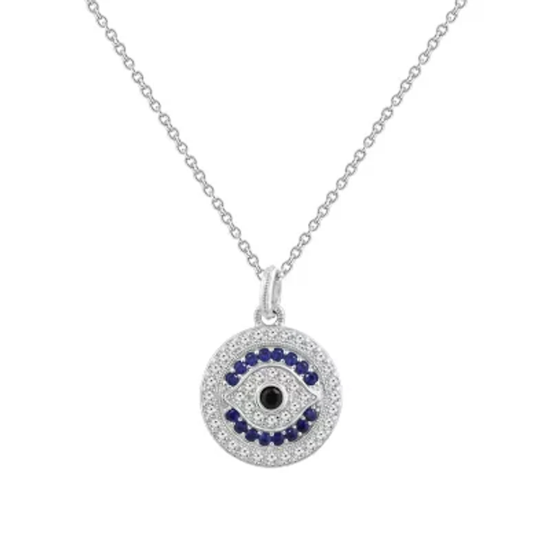 Lab Created Platinum Plated Sterling Silver Synthetic Sapphire and Clear Cubic Zirconia Round Evil Eye Pendant Necklace