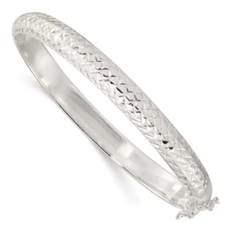 Sterling Silver Rhodium-plated Polished and Diamond-cut 7mm Hinged Bangle