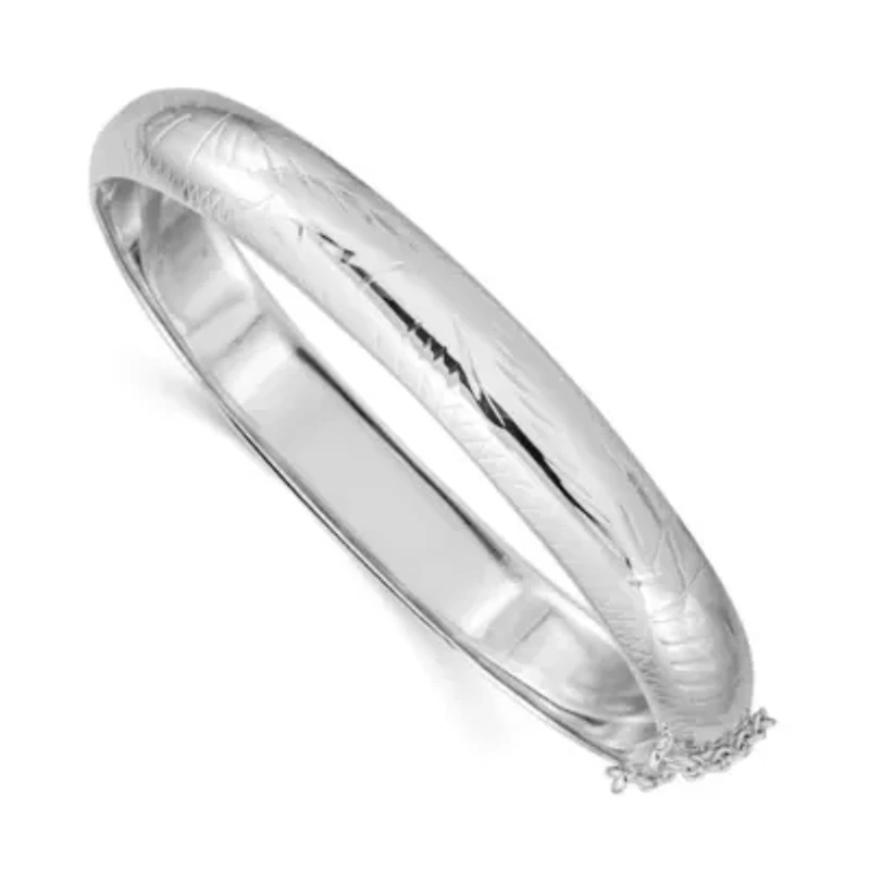 Sterling Silver Rhodium-plated 9.5mm Diamond-cut Fancy Hinged Bangle Bracelet
