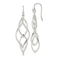 Sterling Silver Polished and Lasered Texture Twisted Dangle Hook Earrings