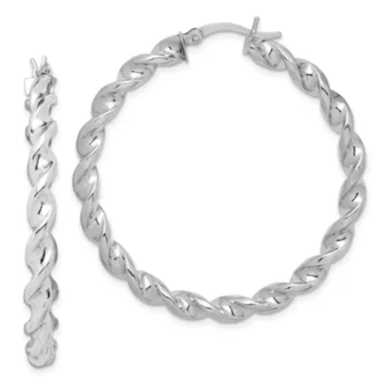 Sterling Silver Rhodium Plated Twisted 3.5x45mm Hoop Earrings