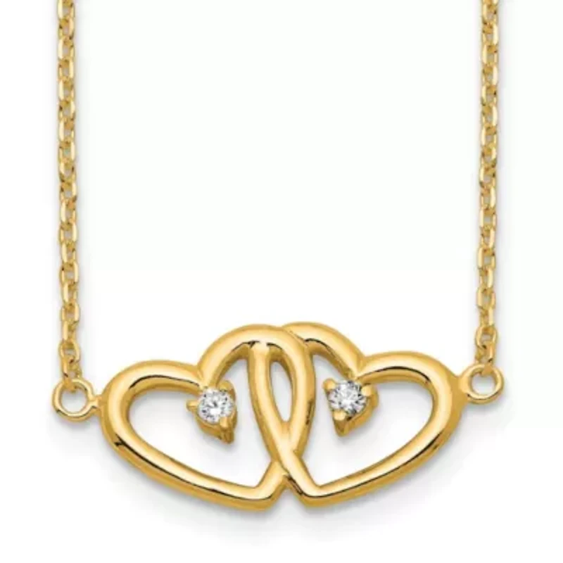 Sterling Silver Gold-tone Polished Two Hearts Cubic Zirconia Necklace