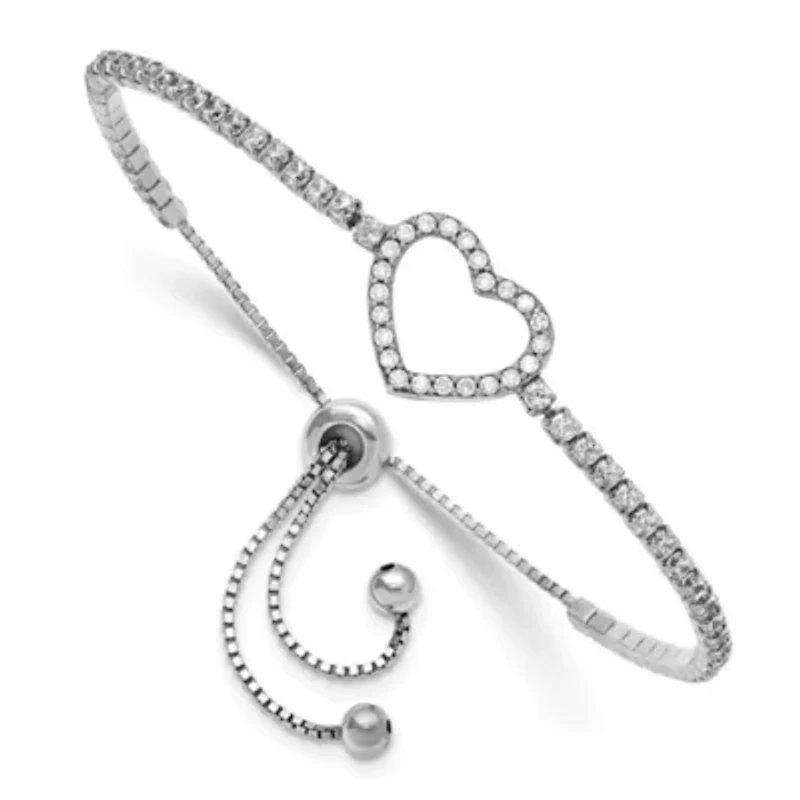 Sterling Silver Rhodium-plated Cubic Zirconia Heart Adjustable Bracelet