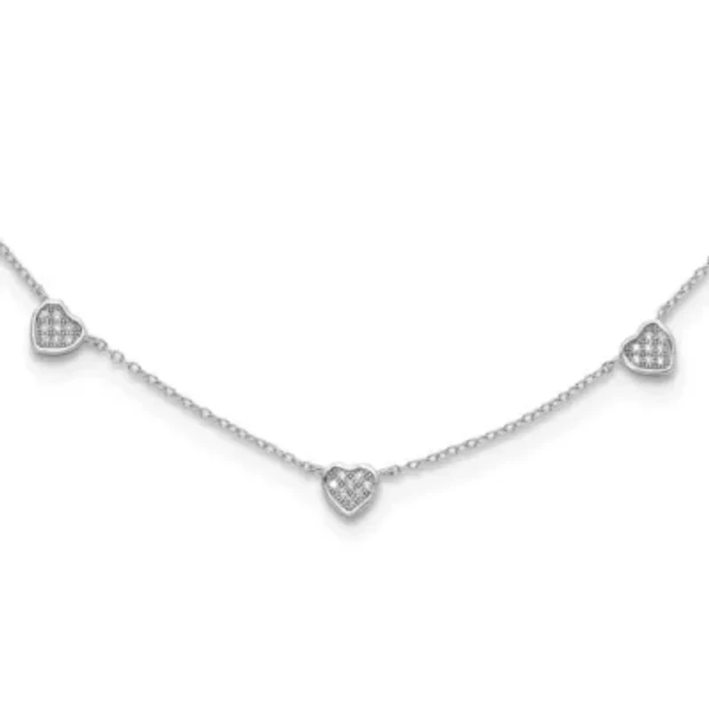 Sterling Silver Rhodium-plated with Micro Pave Cubic Zirconia Hearts 16-inch with 2-inch Extension Necklace