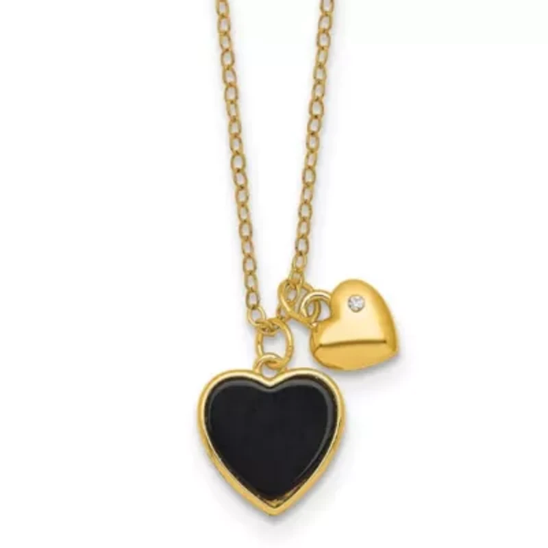 Sterling Silver Gold-tone Onyx Cubic Zirconia Hearts 14-inch with 3-inch Extension Children's Necklace