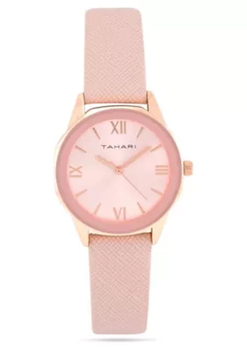 Tahari Adult Womens Analog Watch w Rose Gold Case and Dial with Pink Textured Strap Model# TAH3137