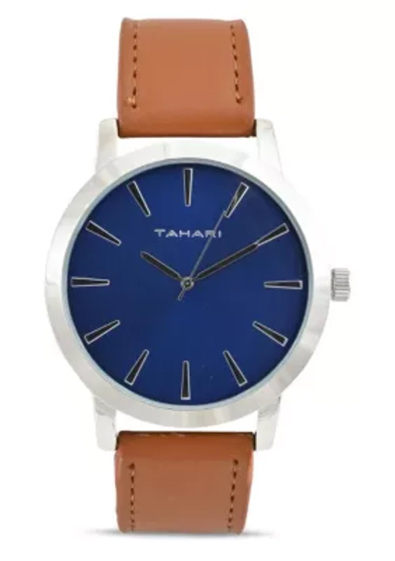 Tahari Adult Mens Analog Watch with Silver Case Blue Dial and Brown Strap Model# TAH60004