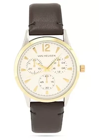 Van Heusen Adult Mens Analog Watch with Two-Tone Gold Silver Case and Brown Strap Model# VAN5614
