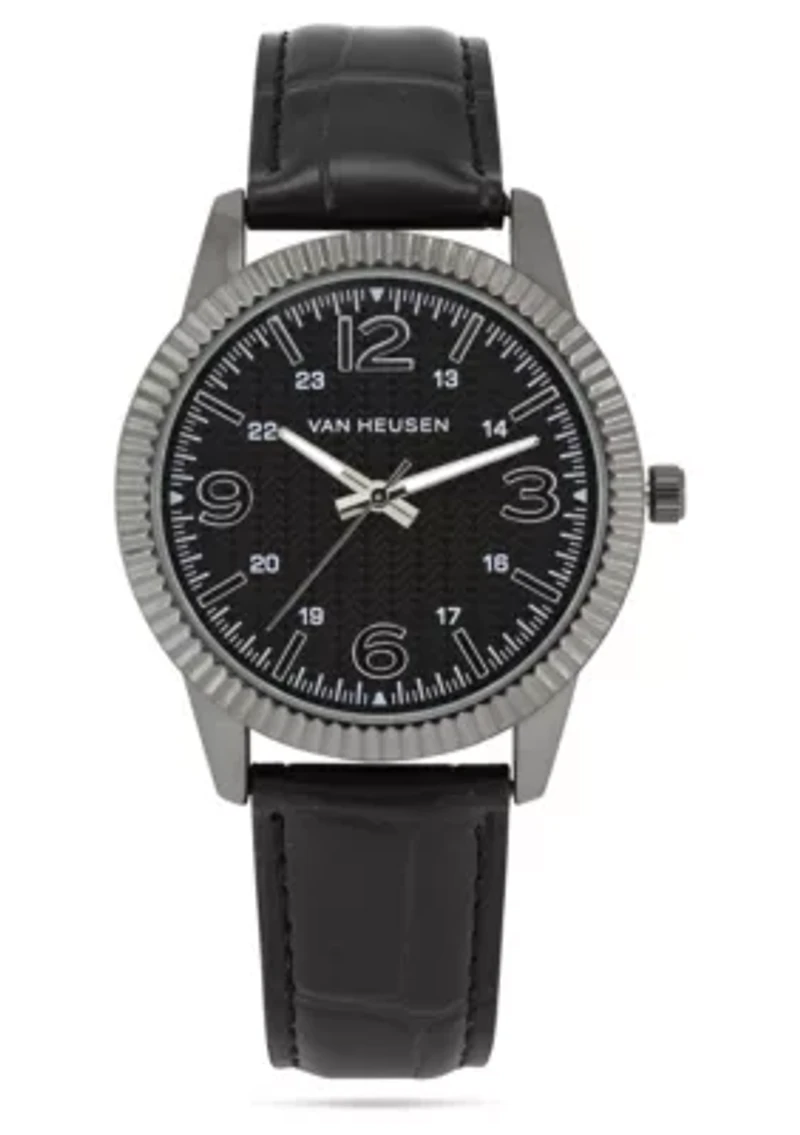 Van Heusen Adult Mens Analog Watch with Gun Metal Case and Black Crocodile Strap Model# VAN5909