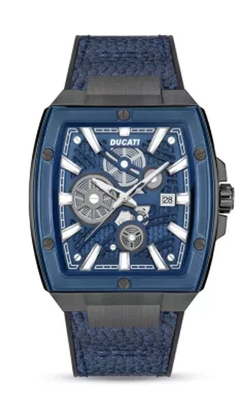 Automated Quartz Analog Watch With Blue Textured Leather Strap, Semi Transparent Dial 40Mm Case-DTWGB0000703