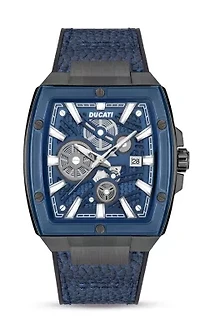 Automated Quartz Analog Watch With Blue Textured Leather Strap, Semi Transparent Dial 40Mm Case-DTWGB0000703