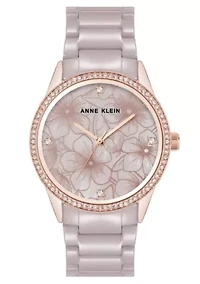 Anne Klein Women's Quartz Taupe Ceramic Bracelet Floral Dial Watch, 34mm