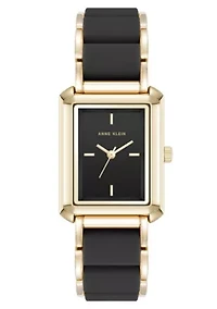 Anne Klein Women's Rectangular Black Silicone and Gold-Tone Metal Alloy Bracelet Watch, 26mm
