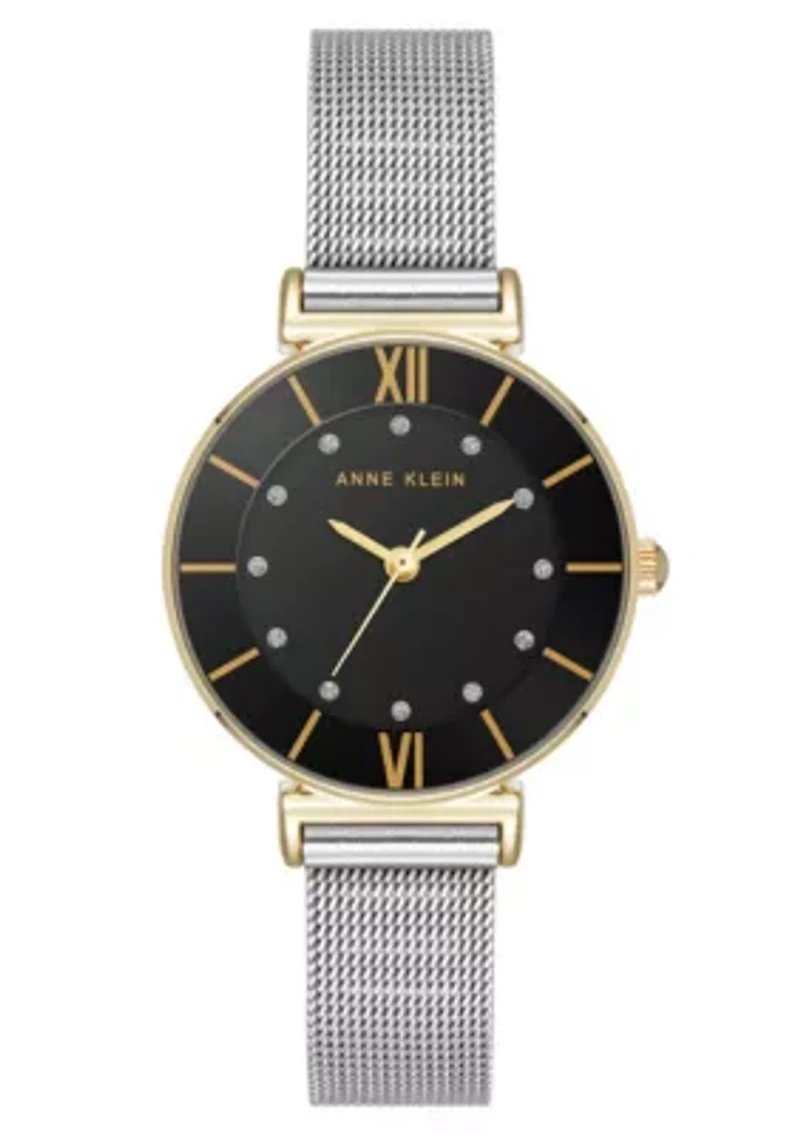 Anne Klein Women's Quartz Premium Round Silver-Tone Stainless Steel Mesh and Black Dial Watch, 29mm