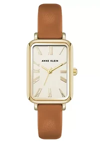 Anne Klein Women's Quartz Rectangular Brown PU Leather and Gold-Tone Metal Alloy Watch, 23mm