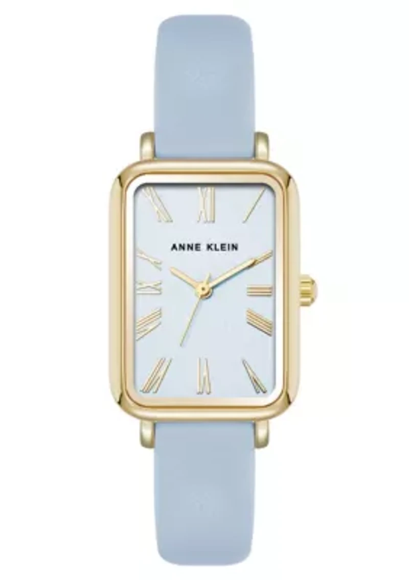 Anne Klein Women's Quartz Rectangular Light Blue PU Leather and Gold-Tone Metal Alloy Watch, 23mm