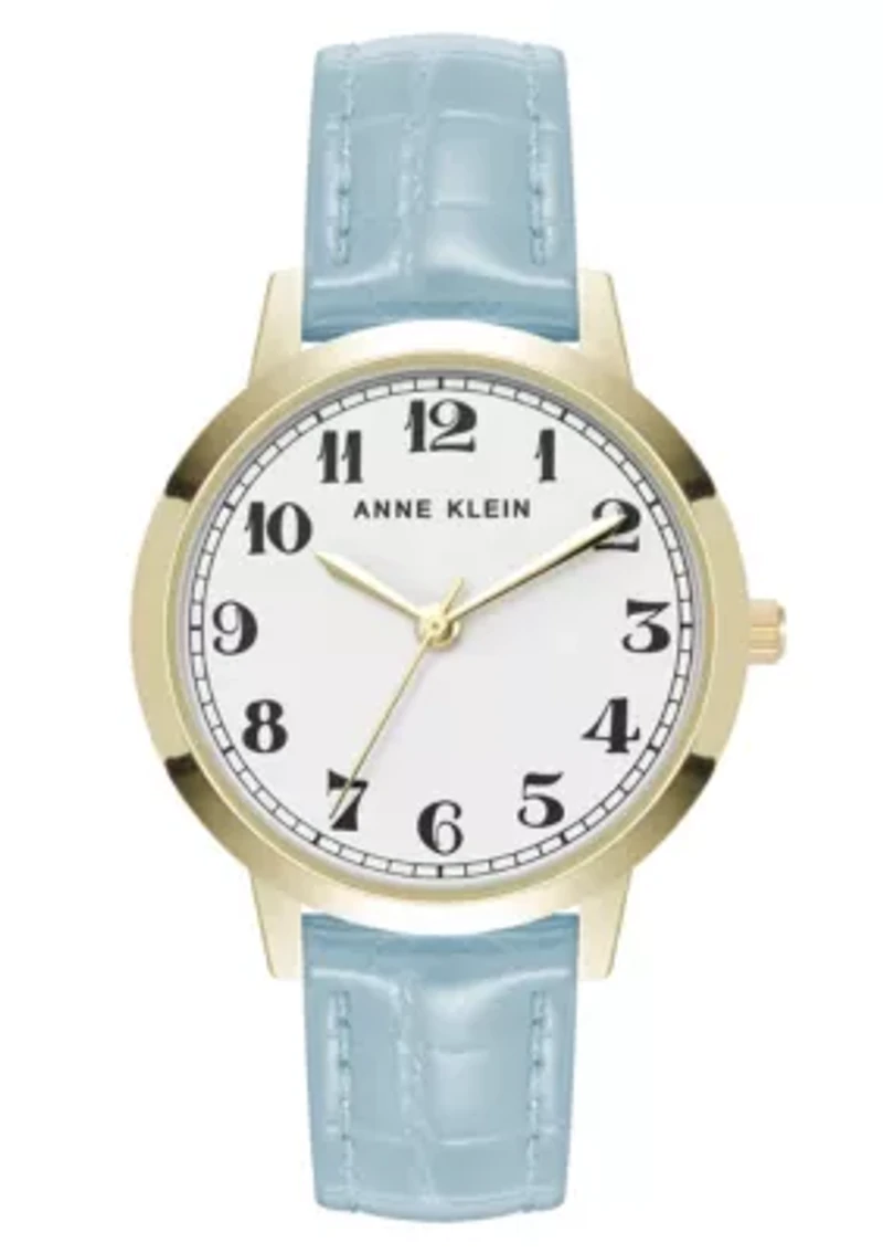Anne Klein Women's Quartz Casual Light Blue PU Leather and Gold-Tone Metal Alloy Boyfriend Watch, 34mm