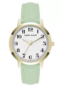 Anne Klein Women's Quartz Casual Mint PU Leather and Gold-Tone Metal Alloy Boyfriend Watch, 34mm
