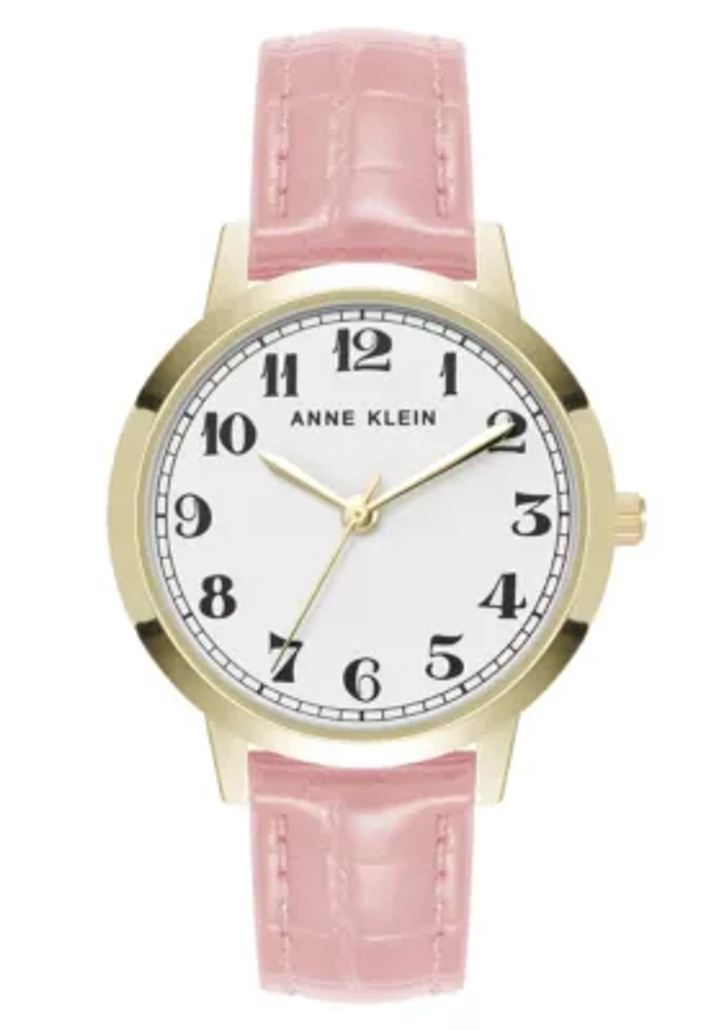 Anne Klein Women's Quartz Casual Pink PU Leather and Gold-Tone Metal Alloy Boyfriend Watch, 34mm