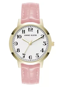 Anne Klein Women's Quartz Casual Pink PU Leather and Gold-Tone Metal Alloy Boyfriend Watch, 34mm