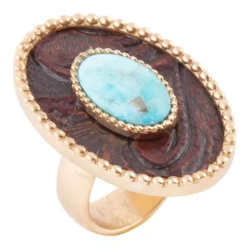 Blue Turquoise Rosette Leather Golden Ring