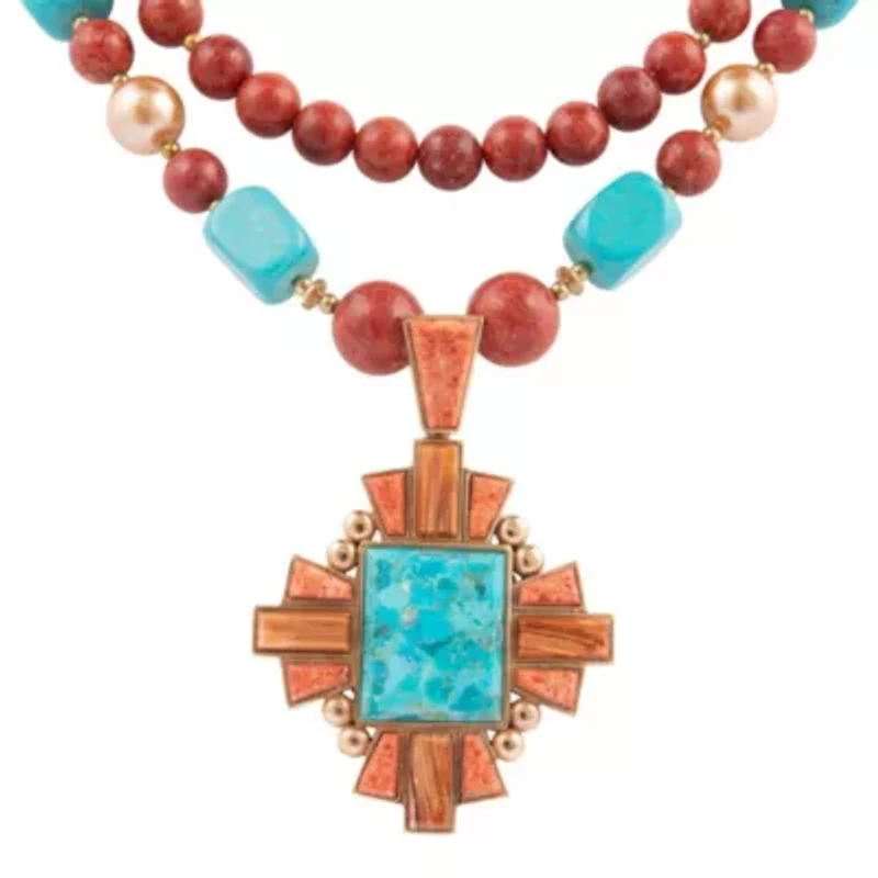 Santa Fe Blue Turquoise Golden Cross Pendant Necklace