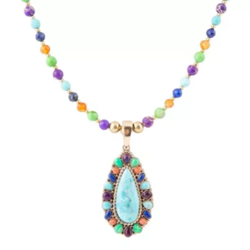 Concho Colorful Blue Turquoise Golden Pendant Necklace
