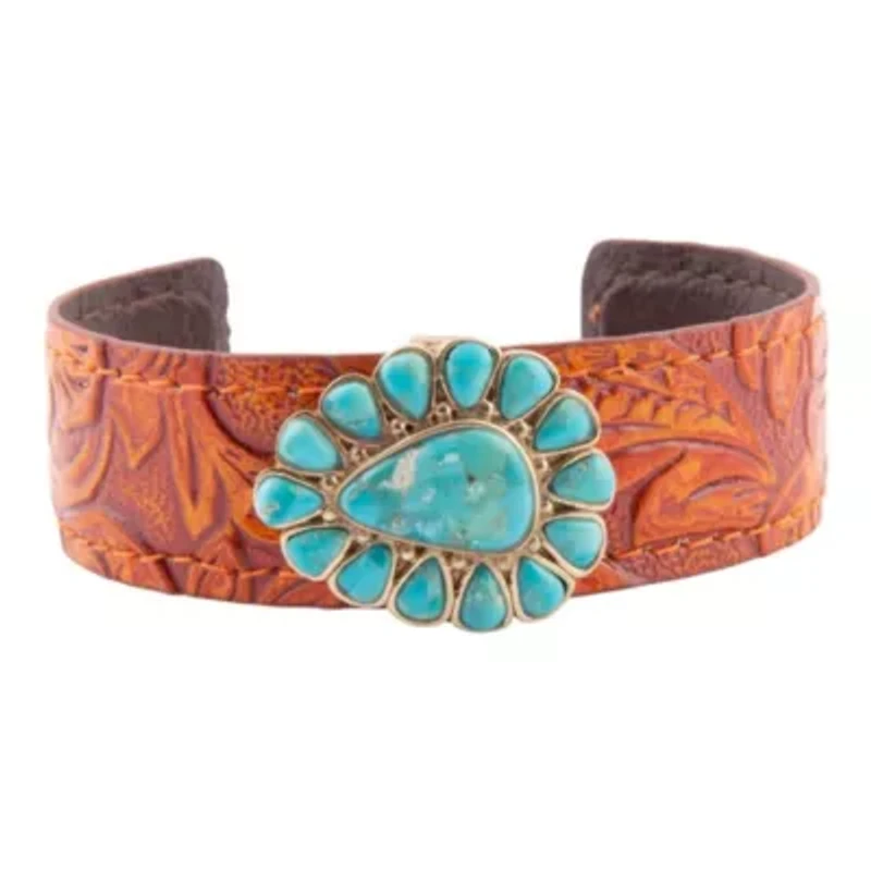 Blue Turquoise Leather Golden Cuff Bracelet