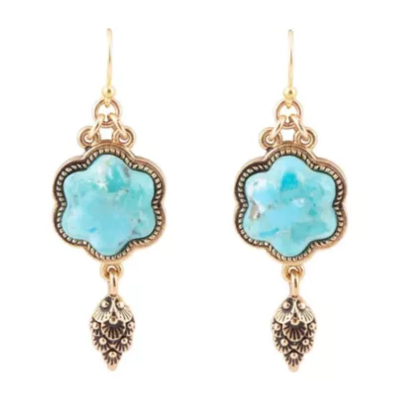 Barse Jewelry Blue Turquoise Flower Golden Drop Earrings