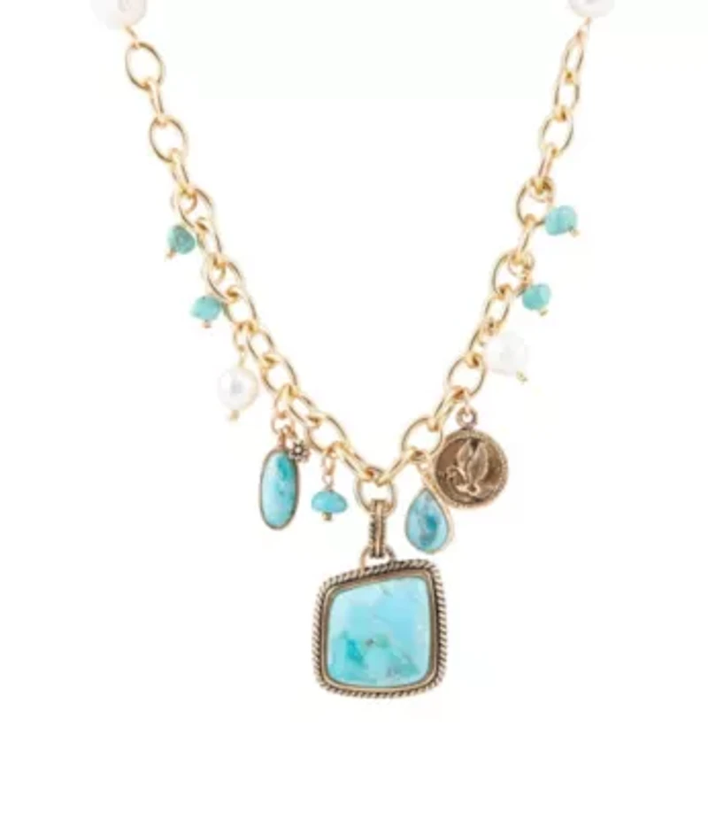 Blue Turquoise and White Pearl Multi Pendant Golden Necklace