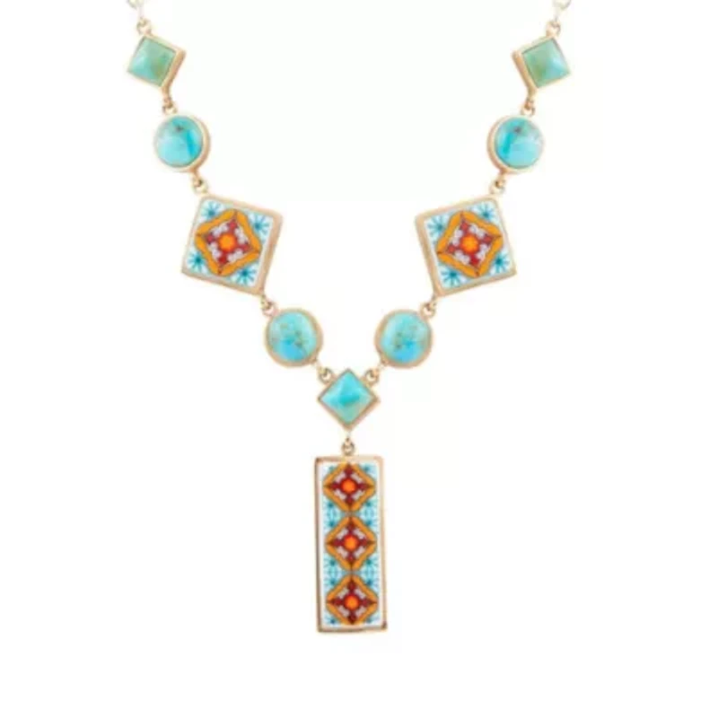 Talavera Tile and Blue Turquoise Golden Y-Neck Necklace