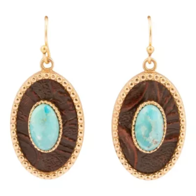 Blue Turquoise Rosette Leather and Golden Drop Earrings