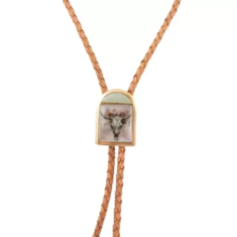 Steer Skull Green Aventurine Golden Leather Bolo Necklace