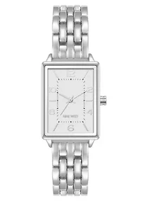 Quartz Rectangular Silver-tone Metal Alloy Link Bracelet Watch