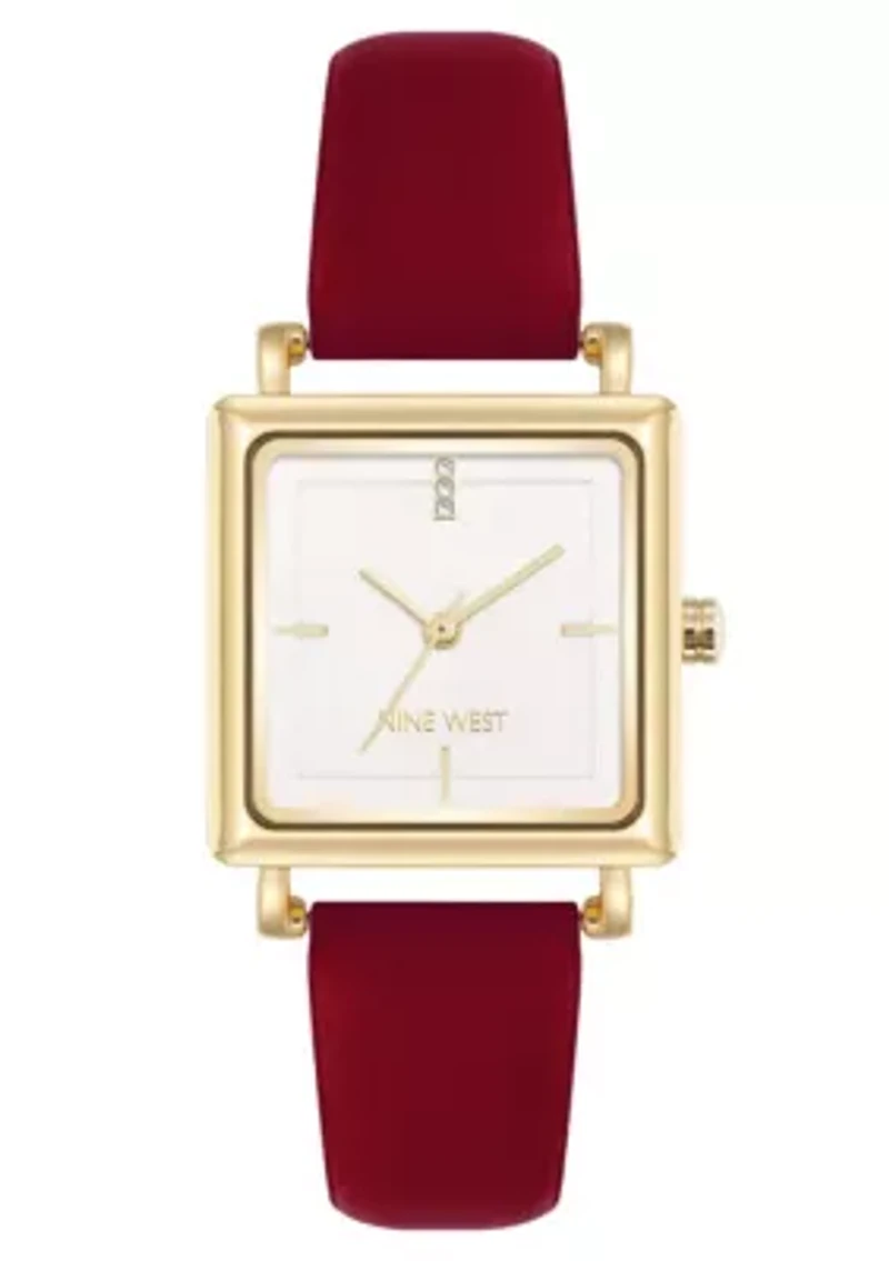 Square Burgundy Faux Leather Band Watch