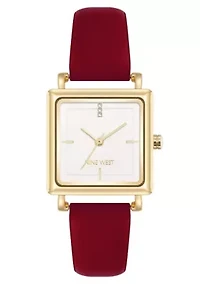 Square Burgundy Faux Leather Band Watch