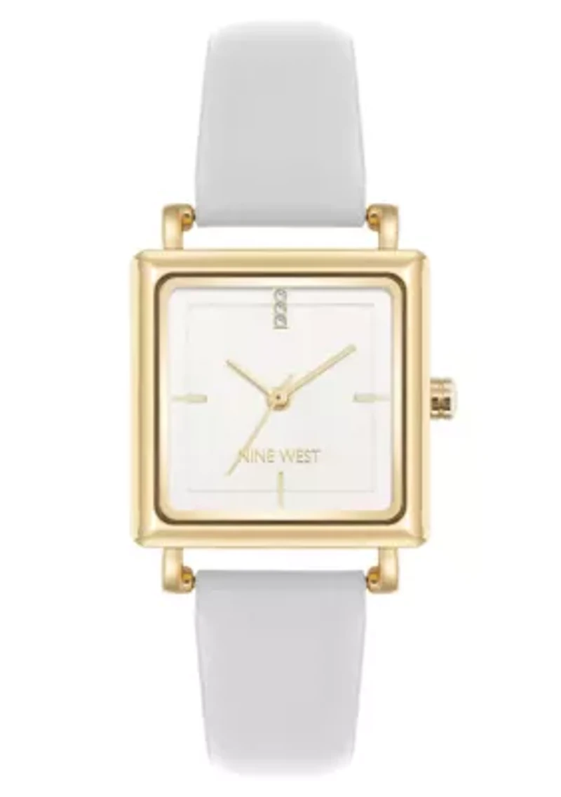 Square White Faux Leather Band Watch