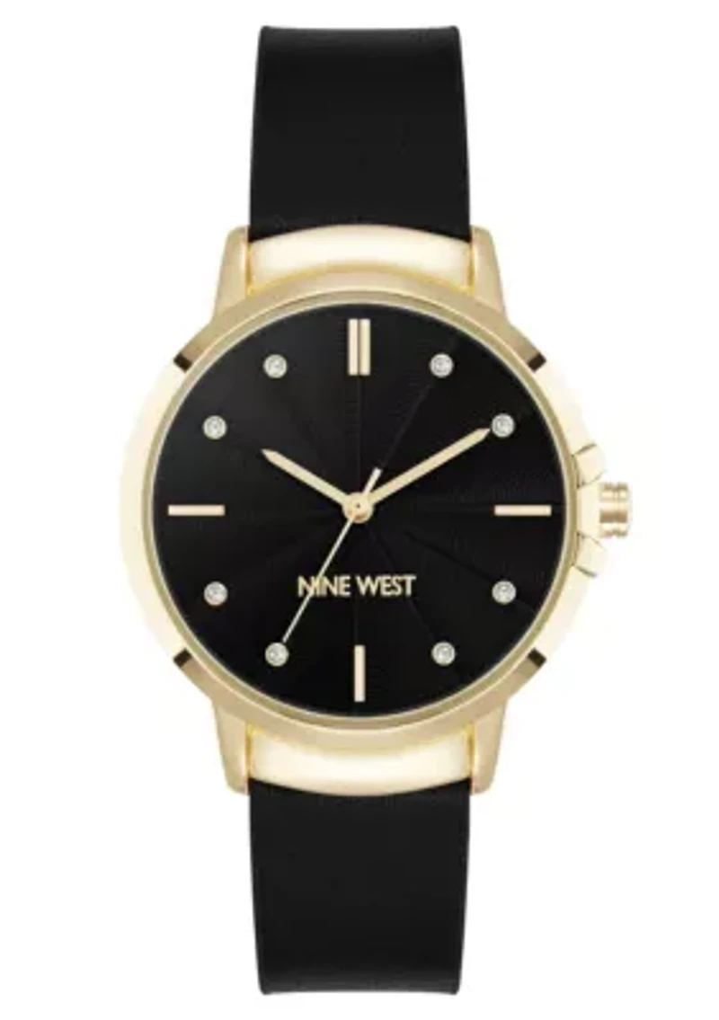 Women's Round Black Faux Leather Band Watch