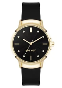 Women's Round Black Faux Leather Band Watch