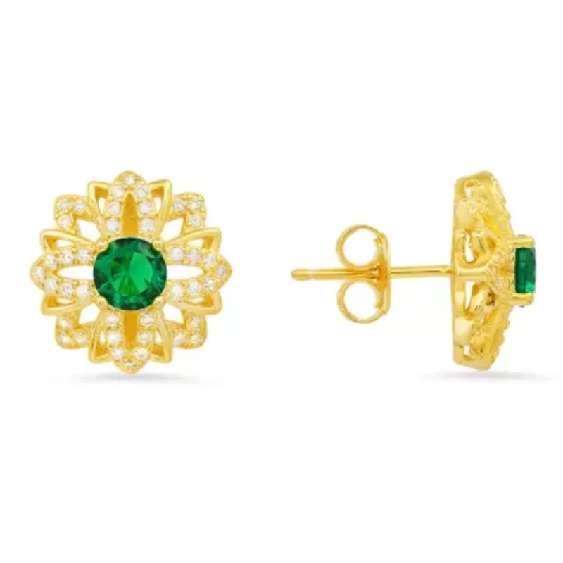 Lab Created 14k Yellow Gold Over Silver Emerald CZ Floral Stud Earrings