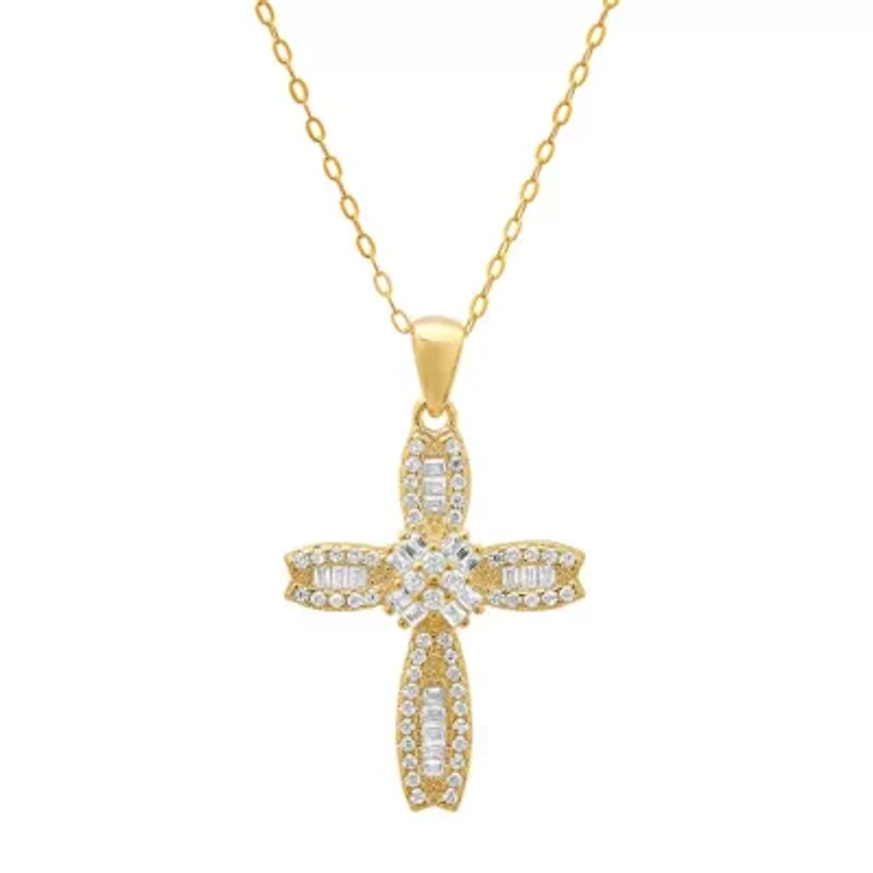 Lab Created 14k Gold Over Silver Petite Luxurious Baguette-cut CZ Cross Pendant