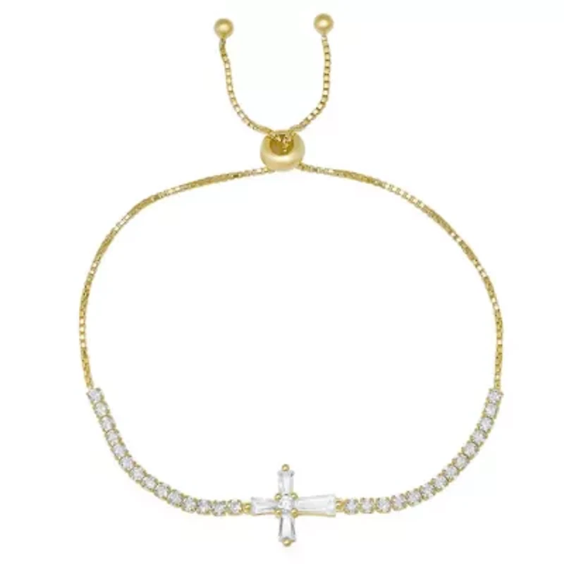 Lab Created 14k Gold Over Silver Baguette CZ Cross Adjustable Bracelet