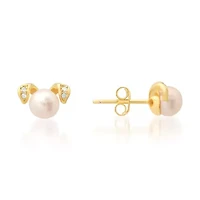 Sterling Silver Puppy Dog Genuine Pearl & CZ Stud Earrings