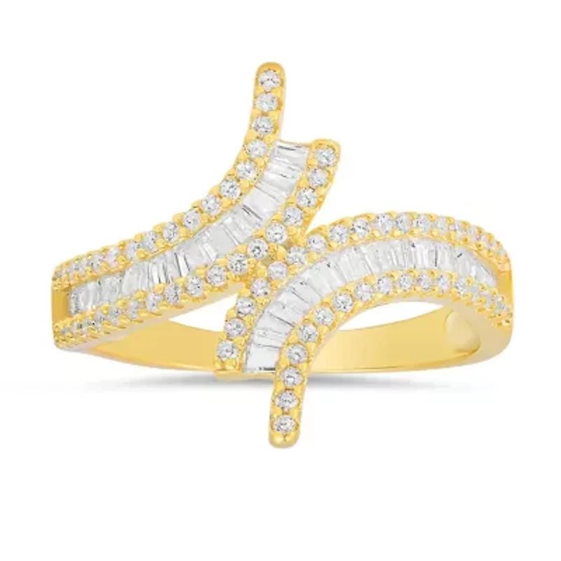 Sterling Silver Baguette-cut CZ Bypass Statement Ring