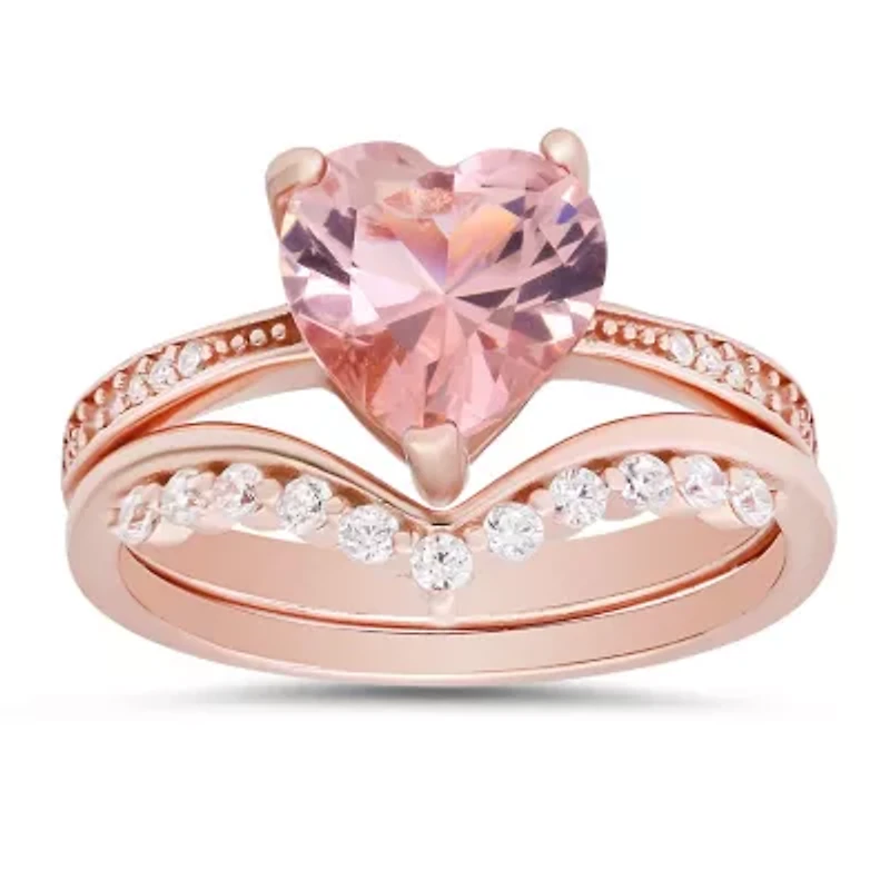 Sterling Silver Heart-cut Morganite CZ 2pc Stackable Ring Set