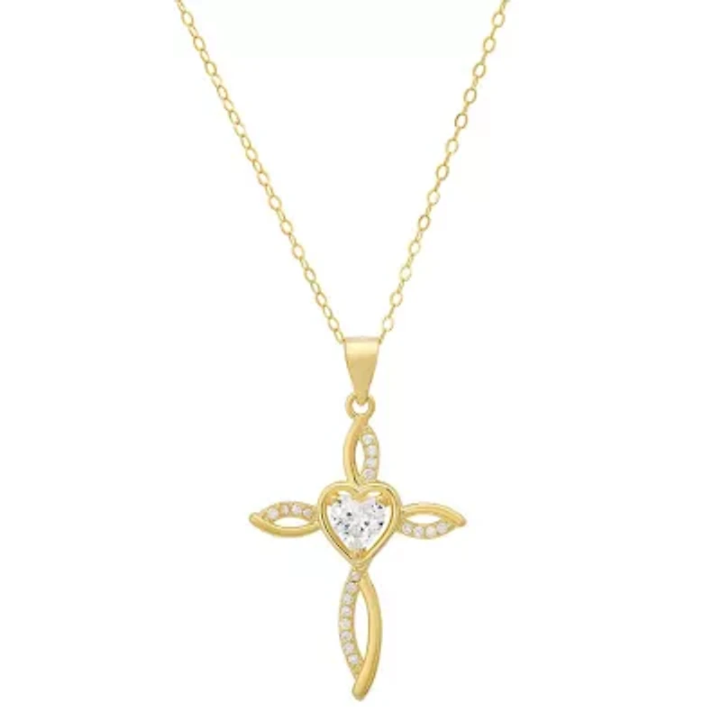 Sterling Silver Heart-cut Swirling Cross CZ Pendant